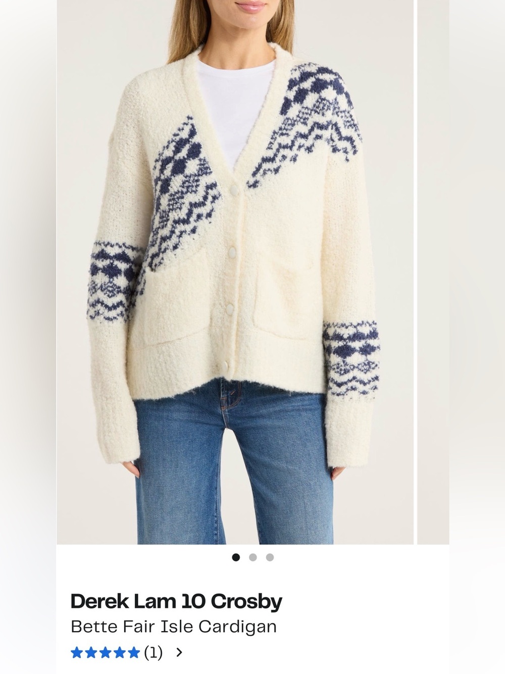 Derek Lam 10 Crosby Bette Fair Isle Cardigan White Navy Size L